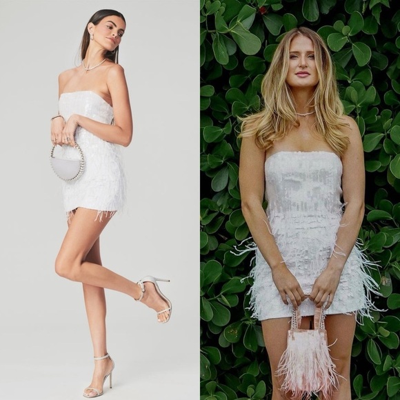 NWT RETROFETE Hand Stitched Sequin Ostrich Feather Trim Strapless Mini Dress S - Picture 1 of 11
